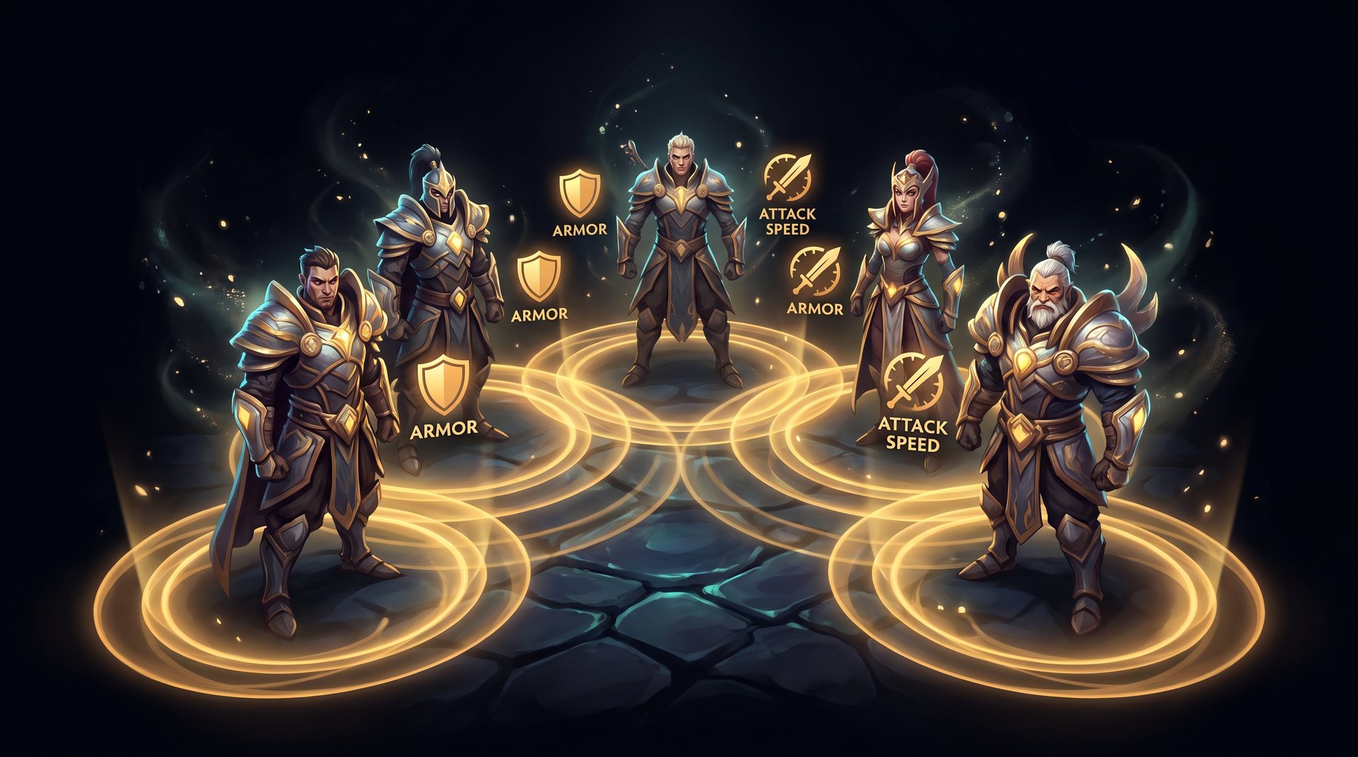 Dota 2 aura stacking diagram showing how multiple team aura items combine in a 5v5 teamfight