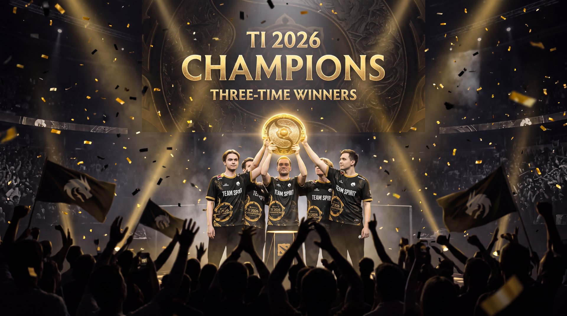 Team Spirit celebrating their third TI world championship at The International 2026 in Shanghai