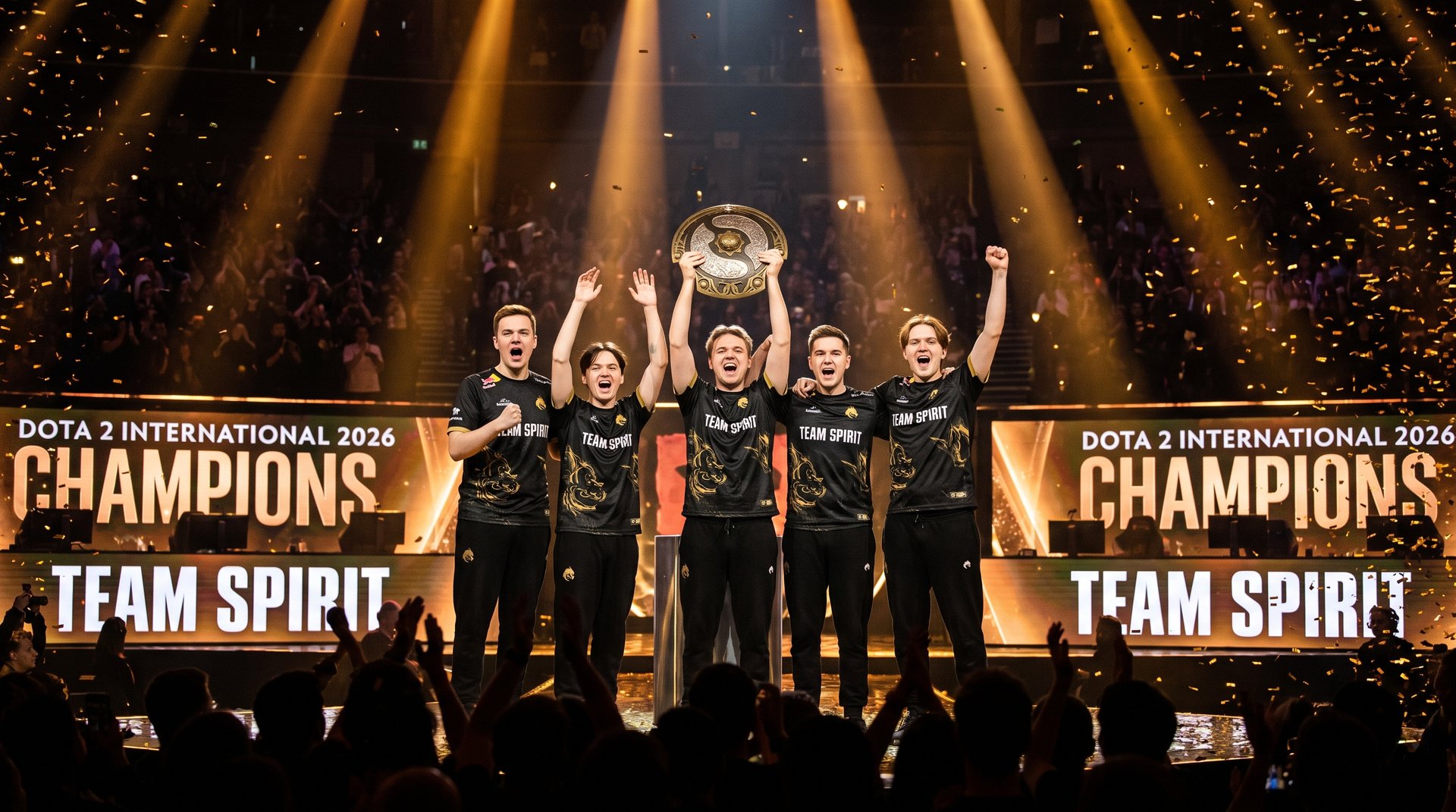 Team Spirit celebrating their TI 2026 world championship grand final victory