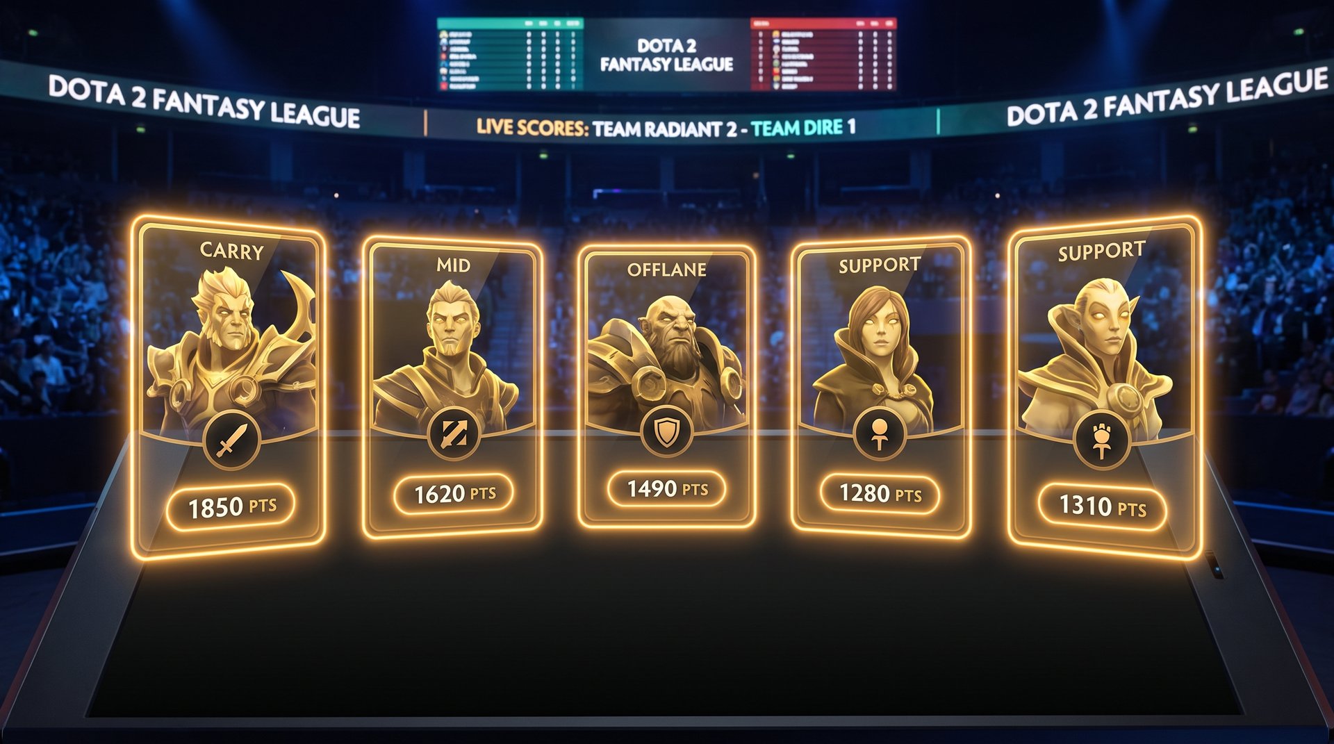 Dota 2 fantasy player cards by role -- carry mid offlane support scoring breakdown for TI 2026