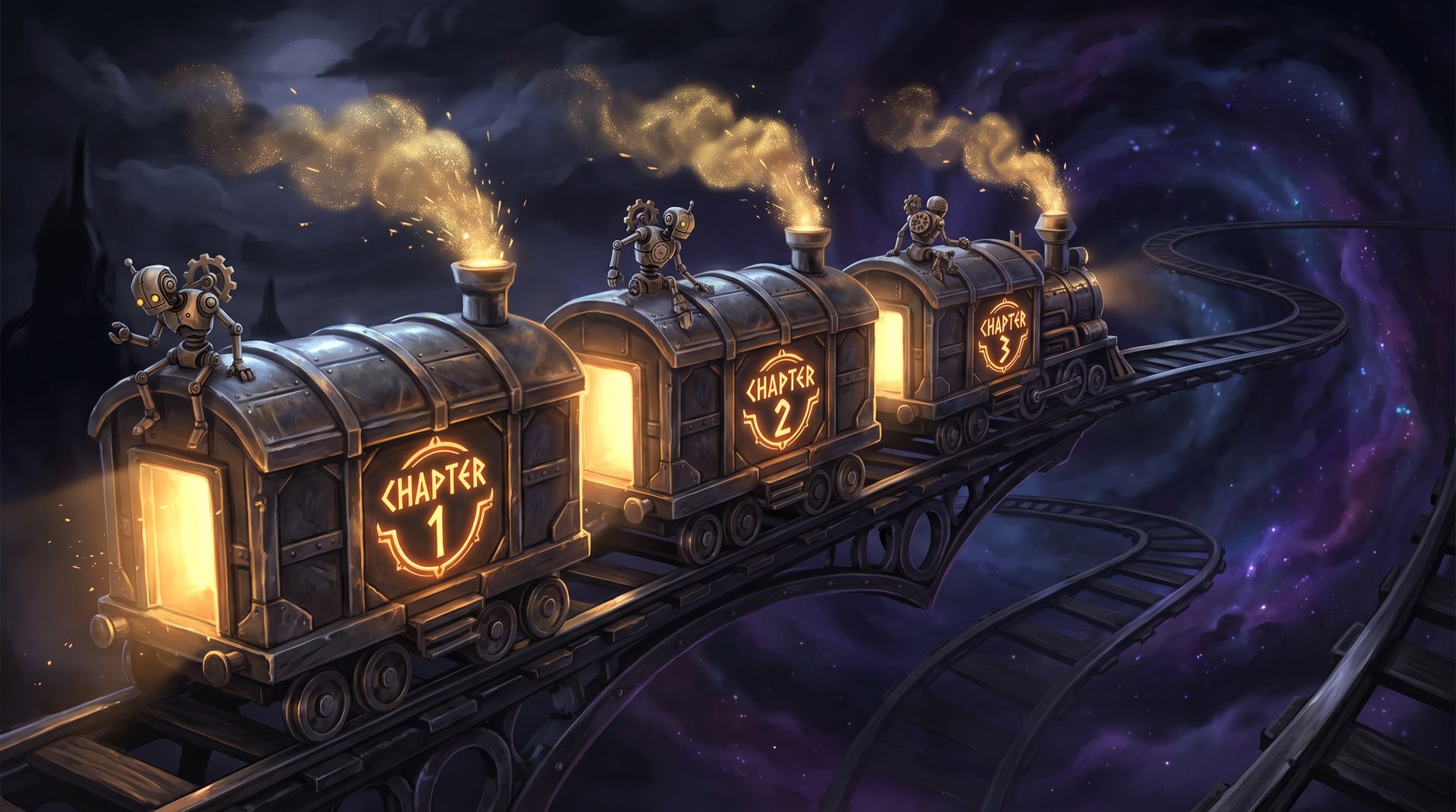 Dota 2 Dark Carnival full schedule -- event timeline train with three chapters across a dark track with gold sparks