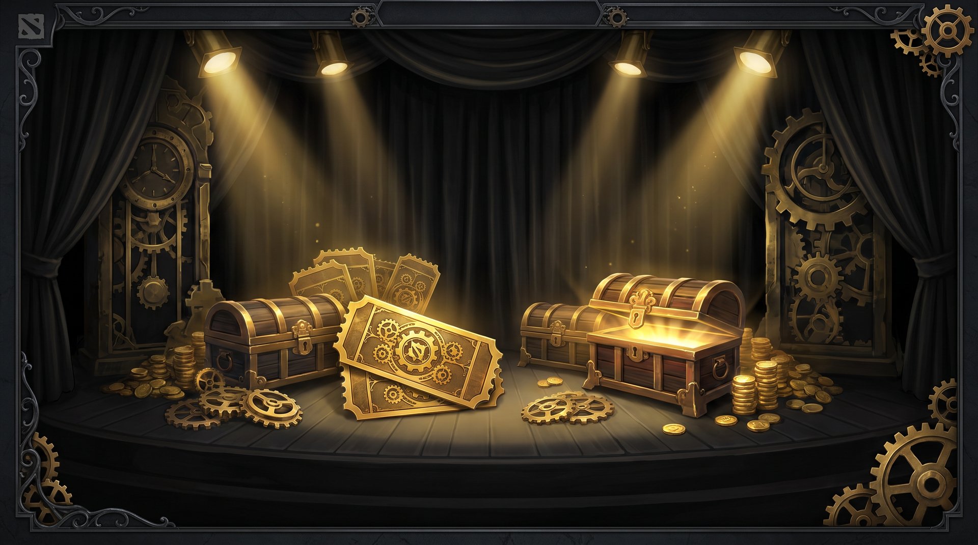 Dota 2 Dark Carnival carnival tickets and reward chests on a dark stage with gold lighting -- spend before event ends