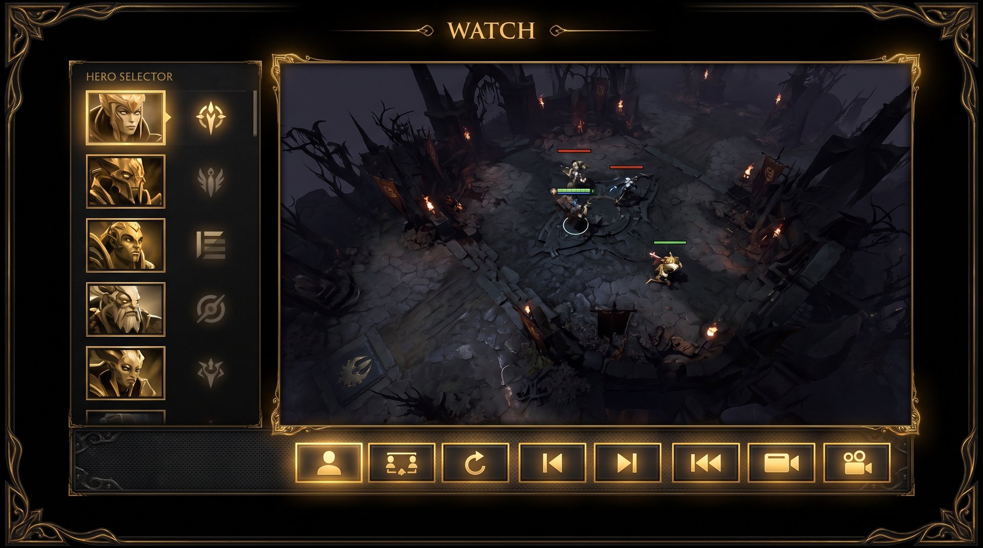 Dota 2 Watch tab spectate menu showing hero selector and per-player camera controls
