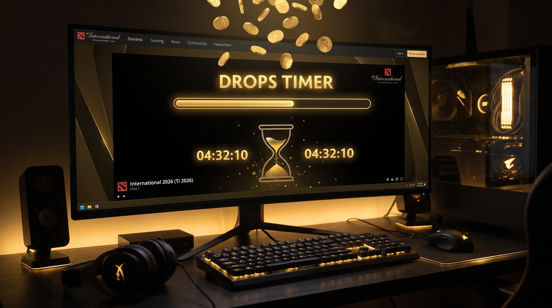 Dota 2 TI 2026 Twitch Drops watch timer and drop progress interface