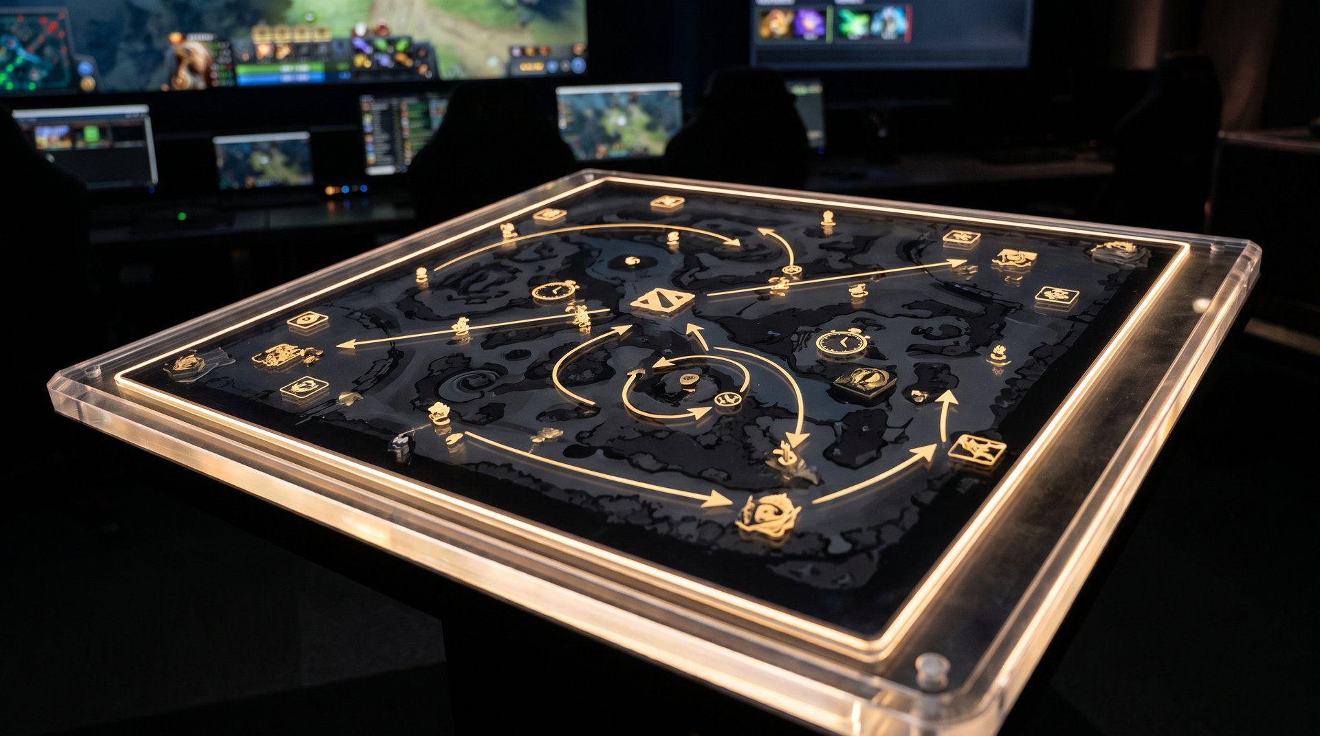 Dota 2 strategy board illustrating Team Falcons draft and macro concepts
