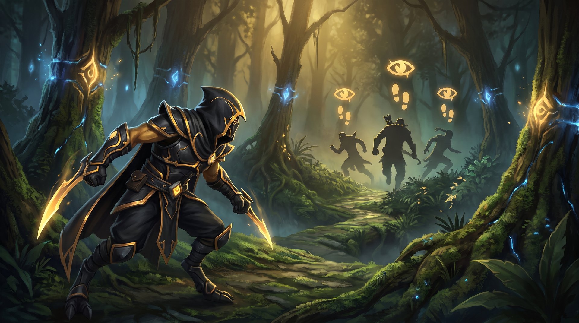 Bounty Hunter scouting a warded jungle path with Track marks glowing