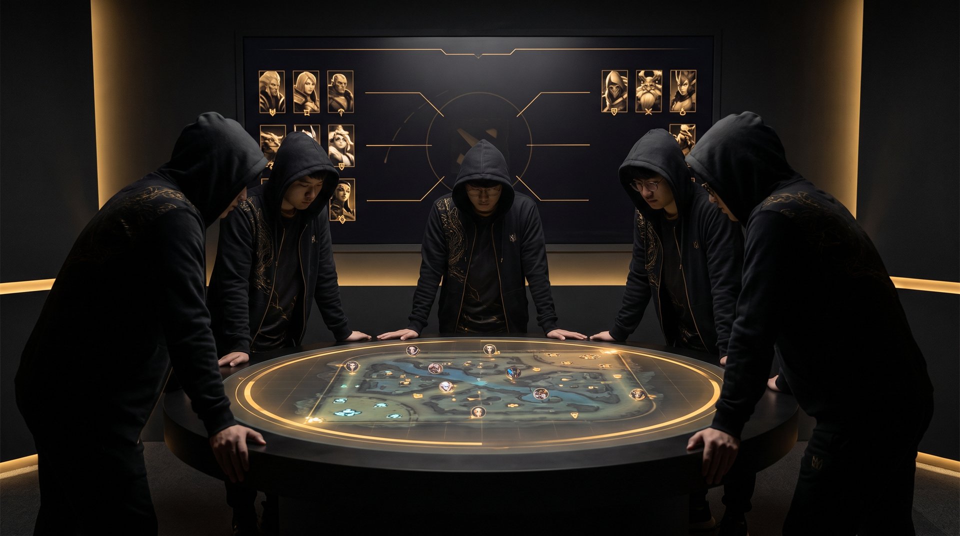 Dota 2 playoff draft room with gold tactical overlays