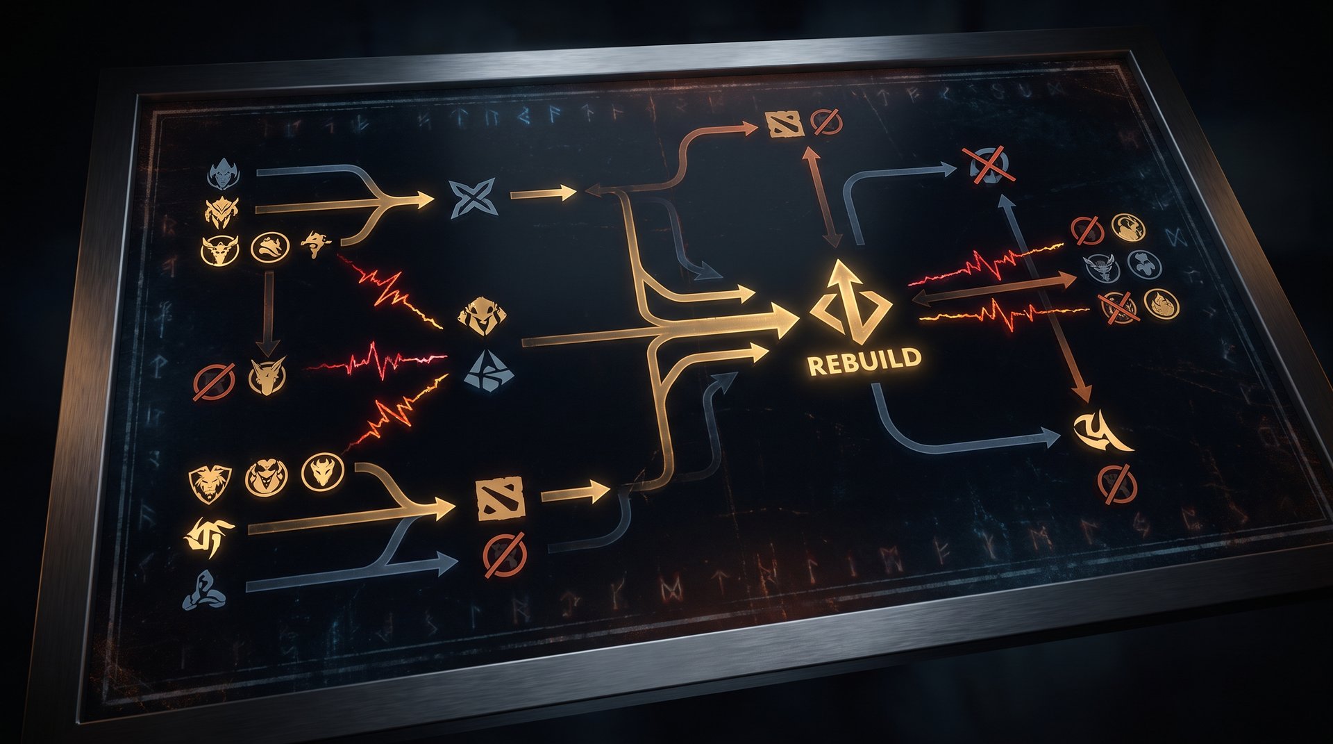 Dota 2 strategy board illustration showing pro team rebuild paths after TI 2026