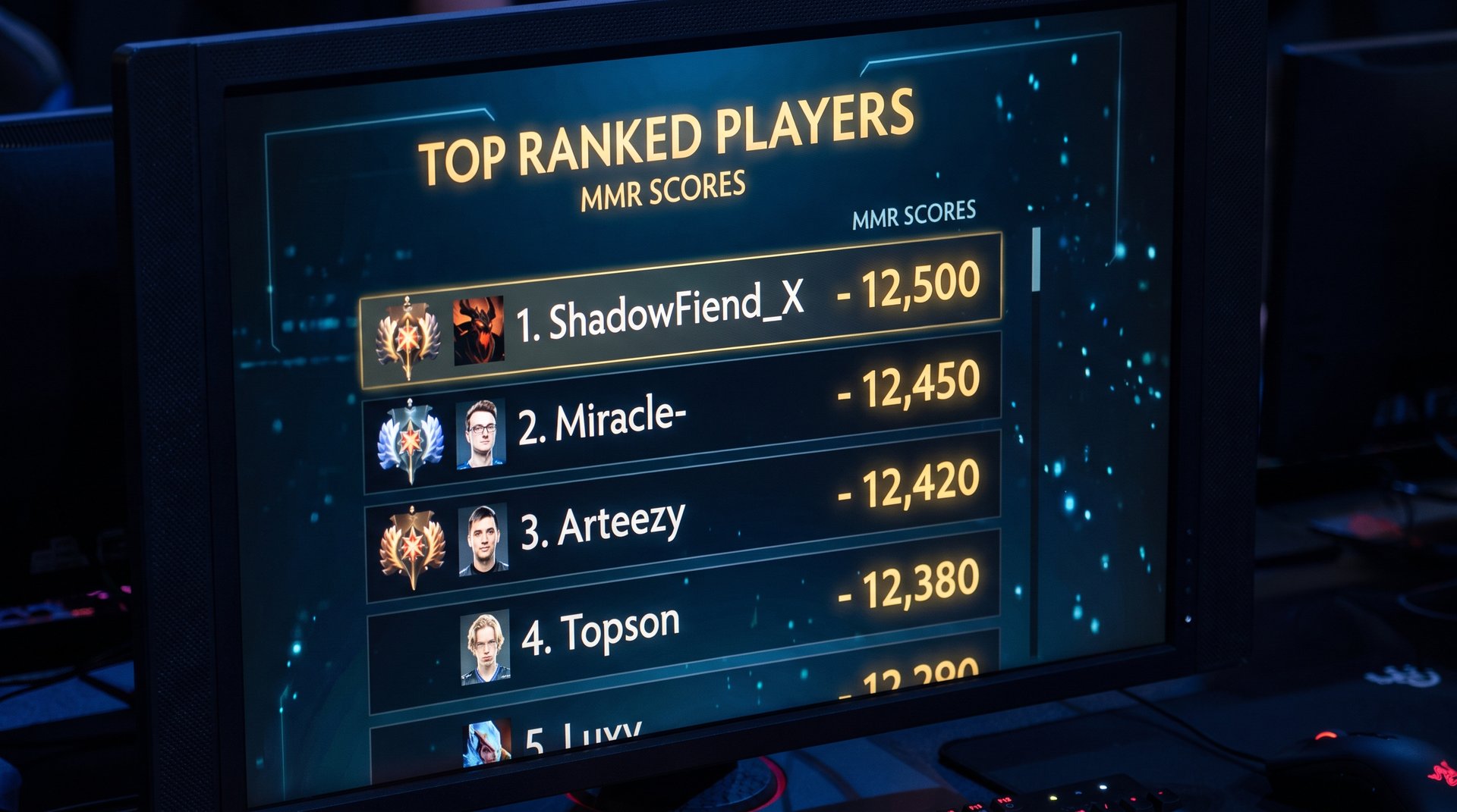 Dota 2 leaderboard screen showing top pro player MMR rankings