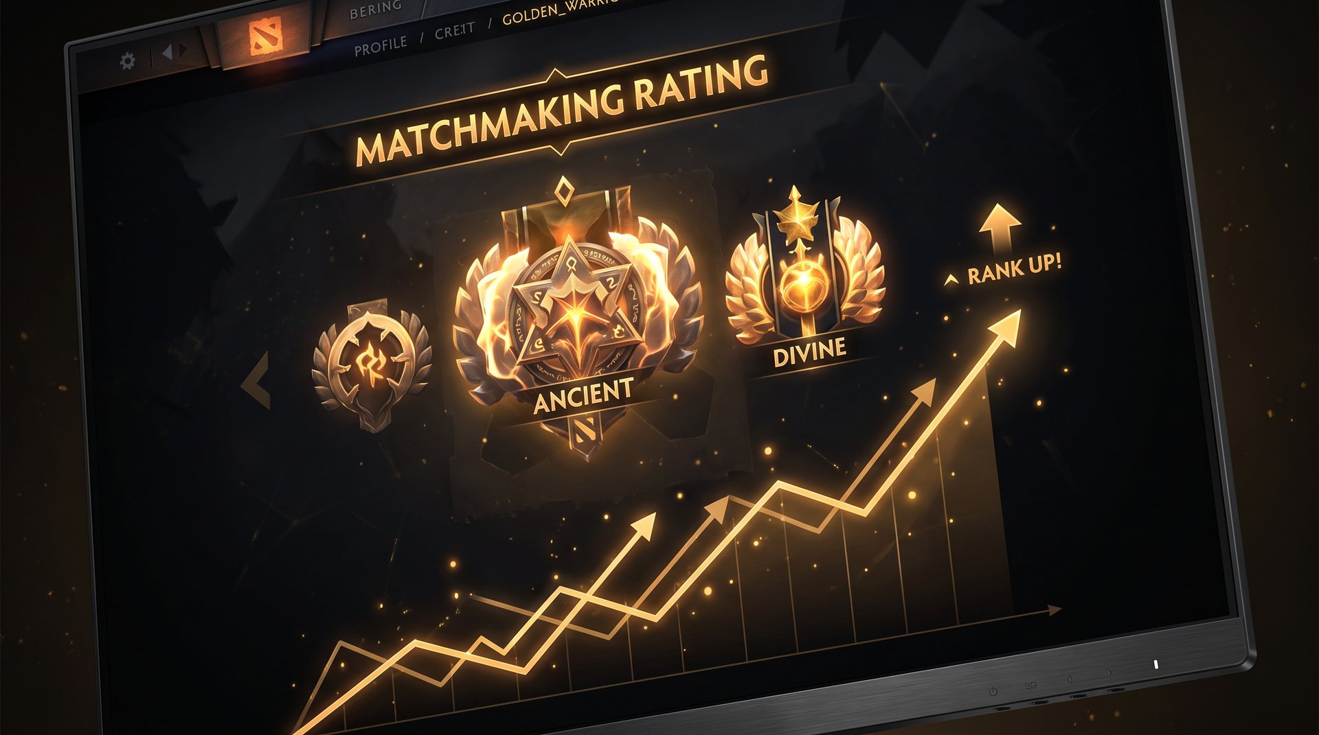 Dota 2 MMR rank medals and progression system on dark background with gold accents