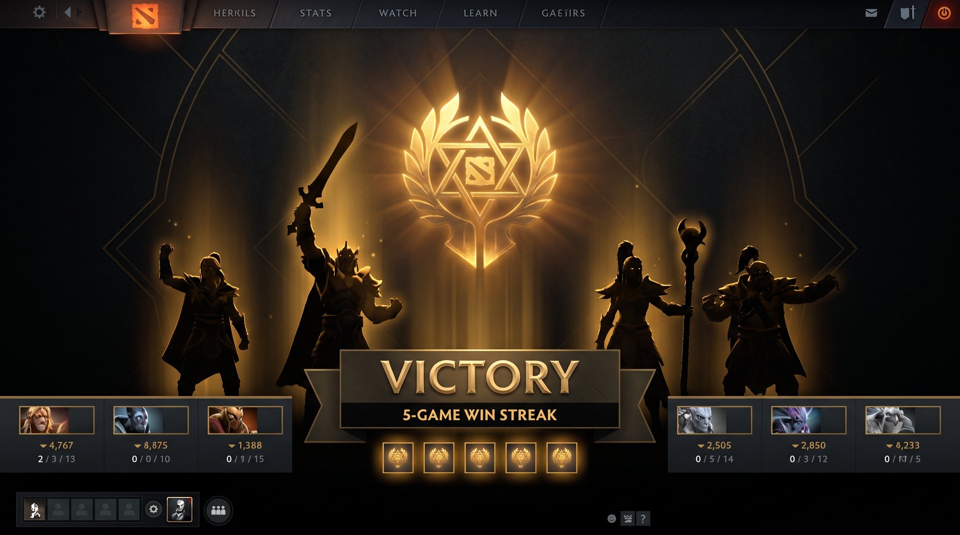 Dota 2 win streak victory screen with gold MMR counter on dark background