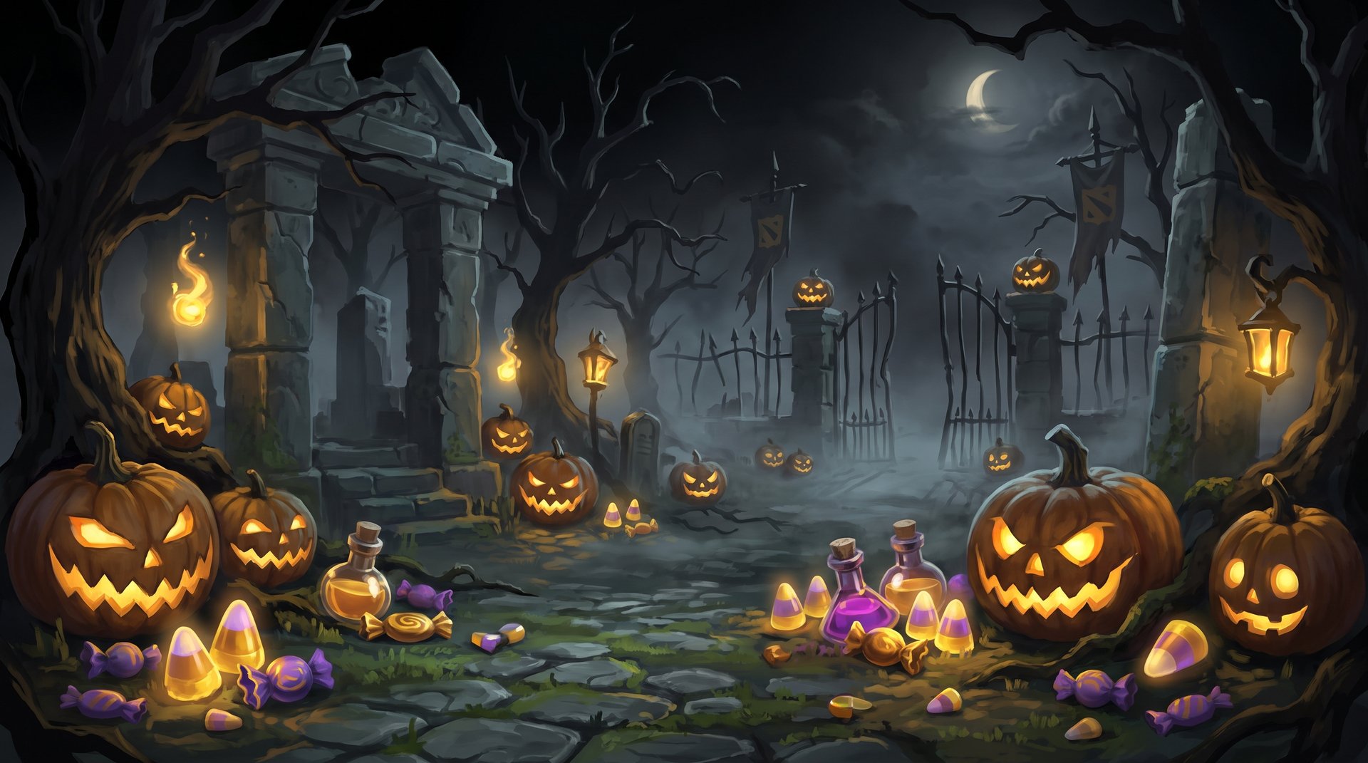Dota 2 Diretide Halloween seasonal event concept art -- pumpkins and candy in Dota universe style with gold accent lighting
