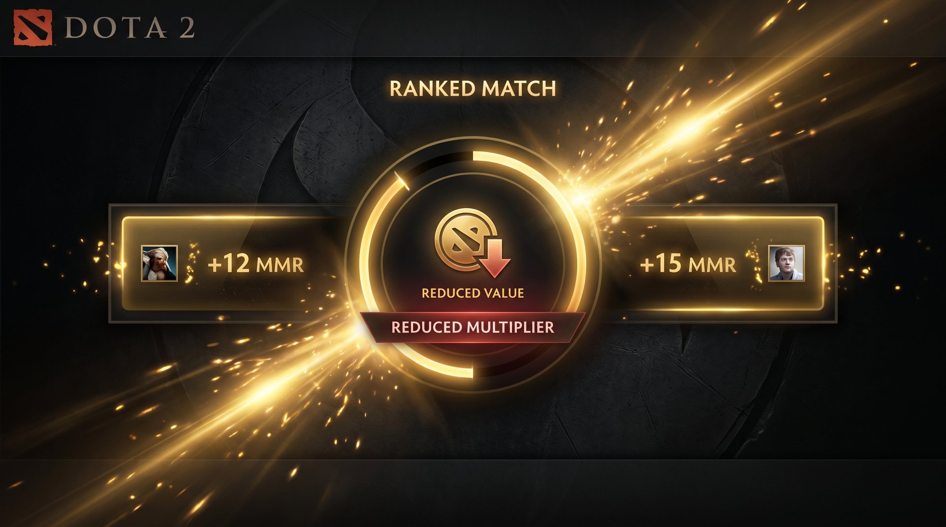 Dota 2 MMR multiplier visualization showing reduced gains and losses in low-stakes ranked game