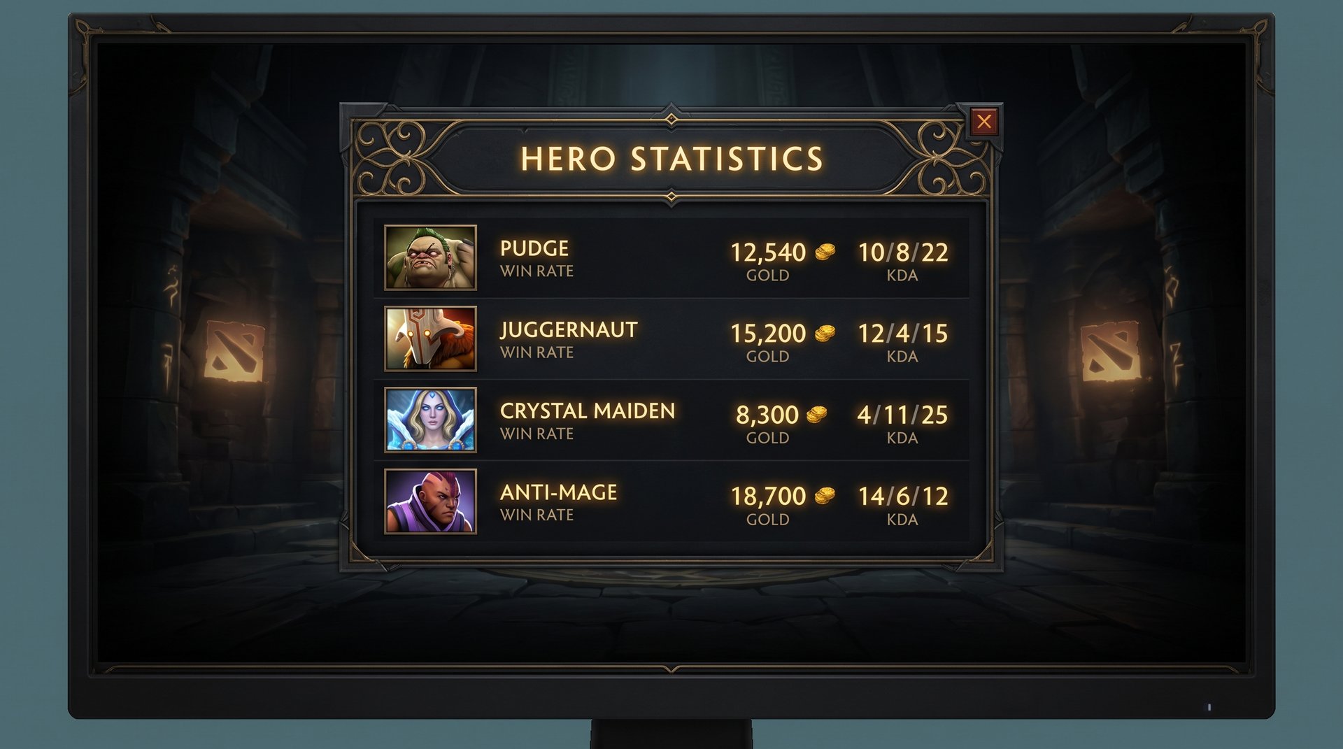 Dota 2 hero statistics dashboard showing win rate and KDA tracked per hero in profile