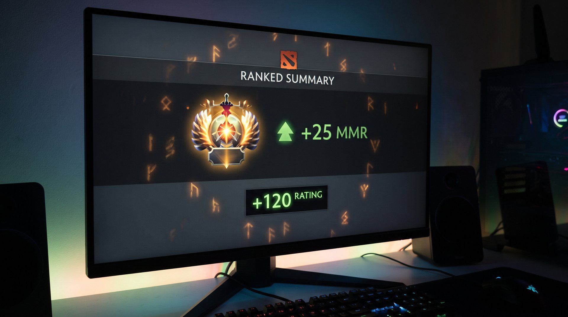 Dota 2 ranked match result screen displaying account-wide MMR gain after winning a game