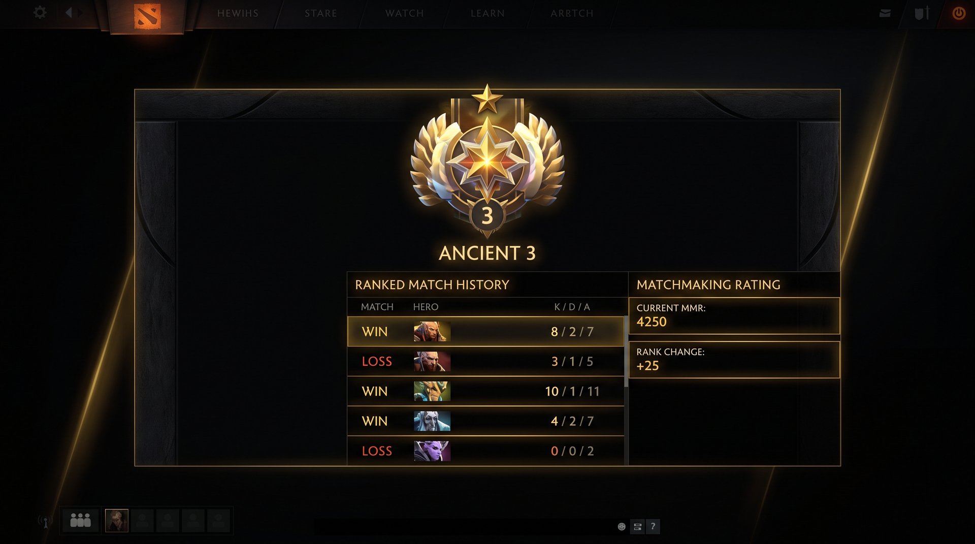 Dota 2 ranked match history showing win and loss results -- MMR is determined by wins not KDA