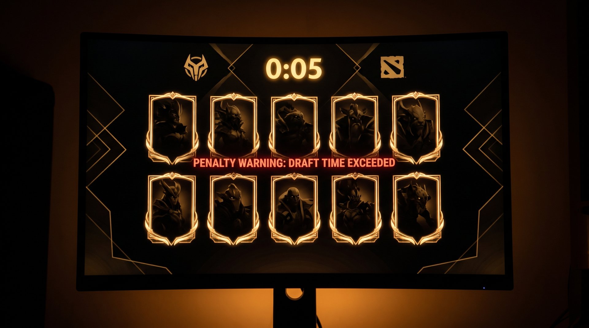Dota 2 hero selection draft phase with pick timer and penalty warning overlay