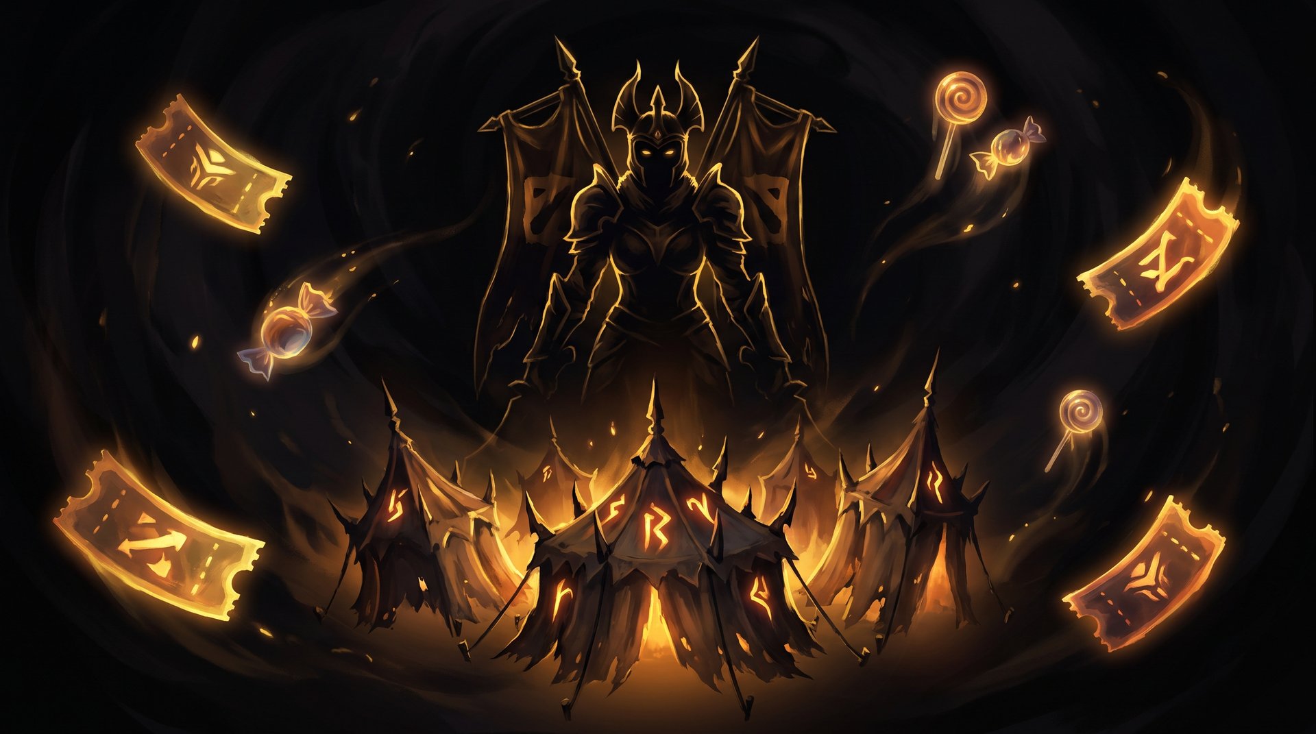 Dota 2 Dark Carnival event -- haunted carnival scene with tickets and gold accents
