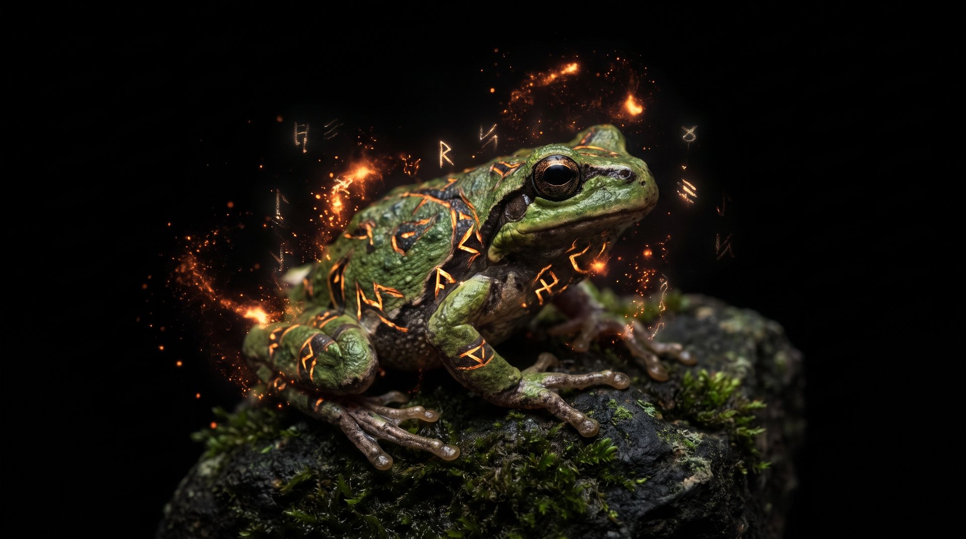 Dota 2 hero transformed into a small green frog by a hex spell, magical orange glow