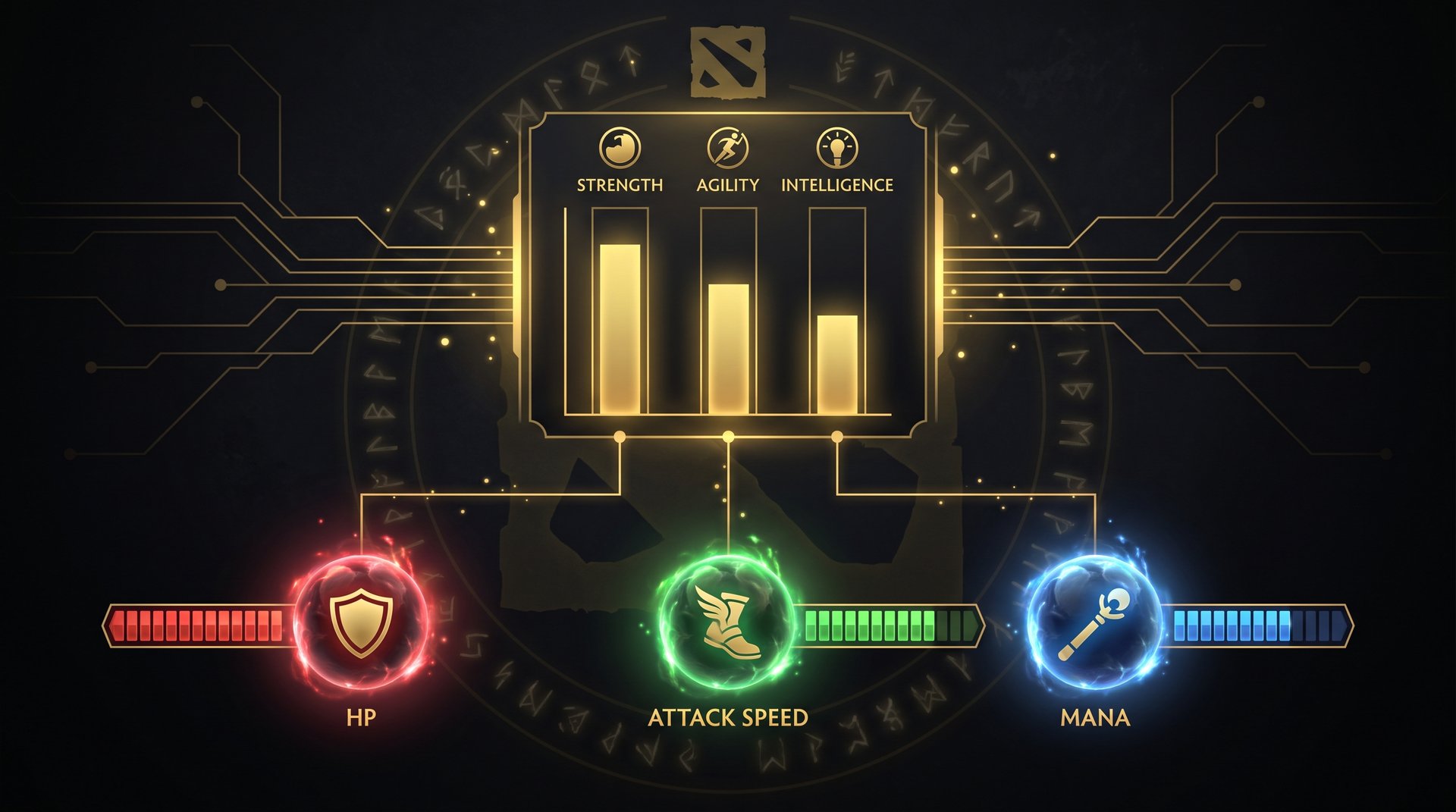 Dota 2 per-point attribute breakdown: Strength HP, Agility armor and attack speed, Intelligence mana