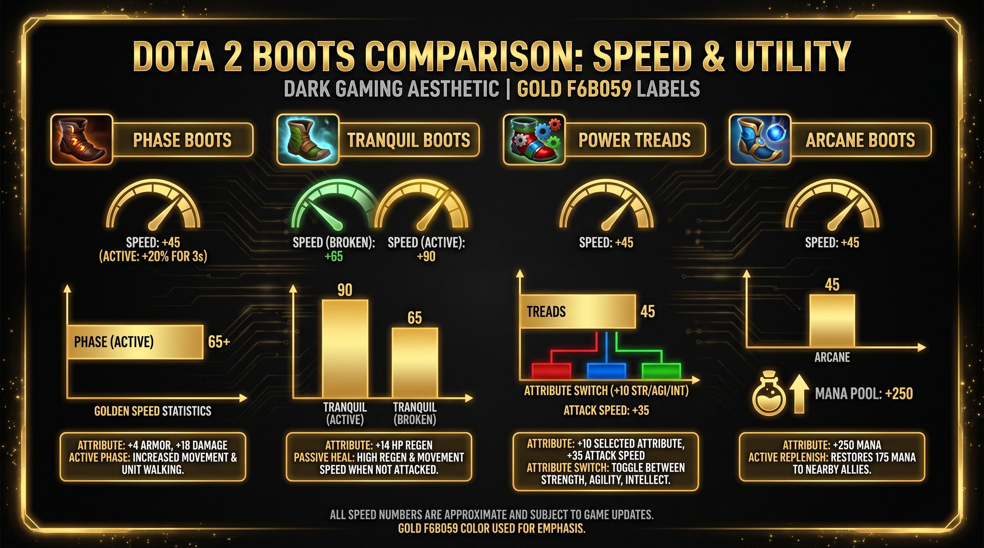Dota 2 boots comparison showing Phase Treads Arcane Tranquil and Boots of Travel movement speed bonuses
