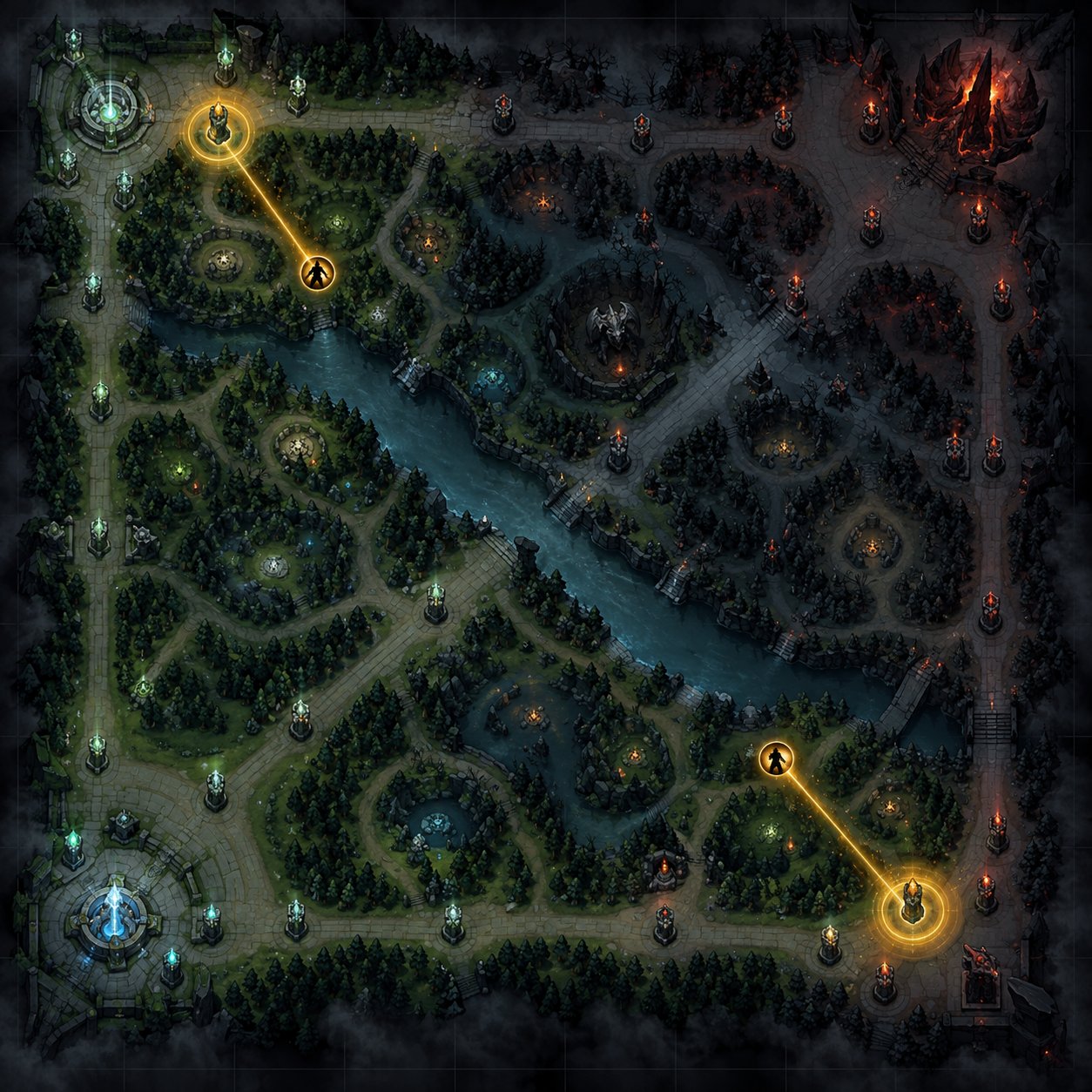 Dota 2 tactical map showing two TP portal circles opening at different towers simultaneously for split-push defense
