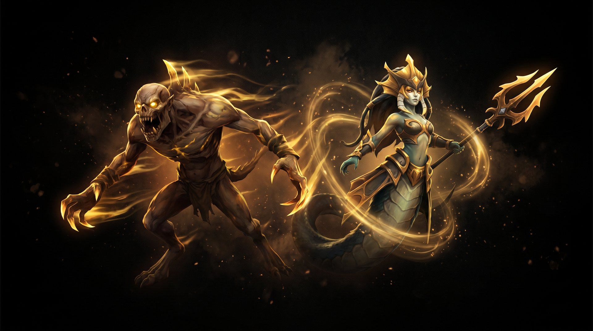 Lifestealer and Naga Siren with golden innate ability energy auras in Dota 2
