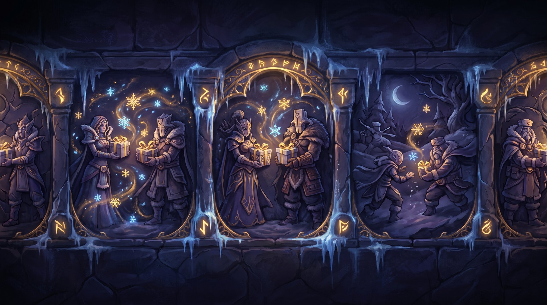 Dota 2 Frostivus historical events -- heroes in winter outfits with seasonal cosmetics