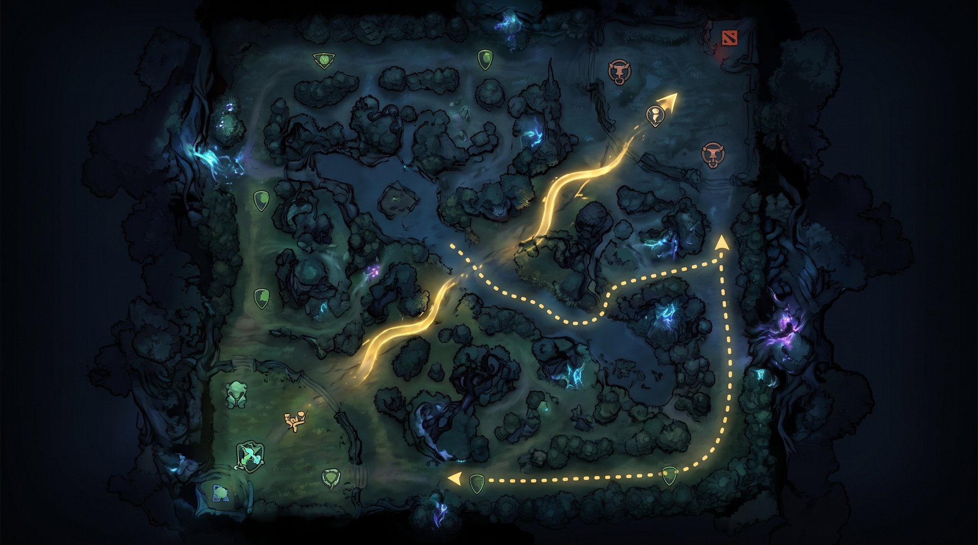Dota 2 juke spot map visualization showing hero escape routes through trees