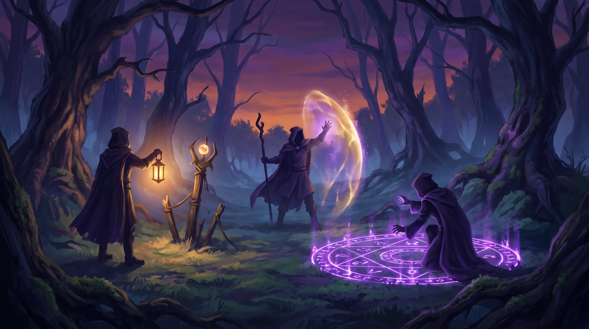 Three hooded support heroes in a dusk forest clearing: one lighting a ward with a lantern, one raising a golden shield, one casting a purple rune circle