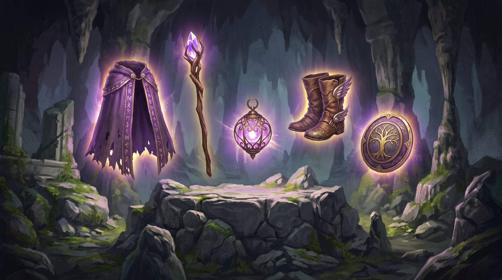 Five glowing fantasy support artifacts on a stone altar: a cape, a staff, a lantern orb, boots and a shield medallion