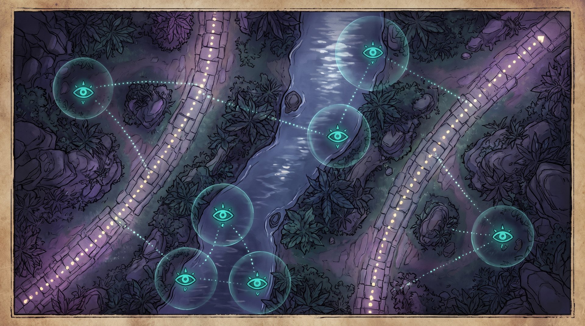 Top-down fantasy map of two lanes and a river with glowing teal ward vision circles marking key jungle and river spots