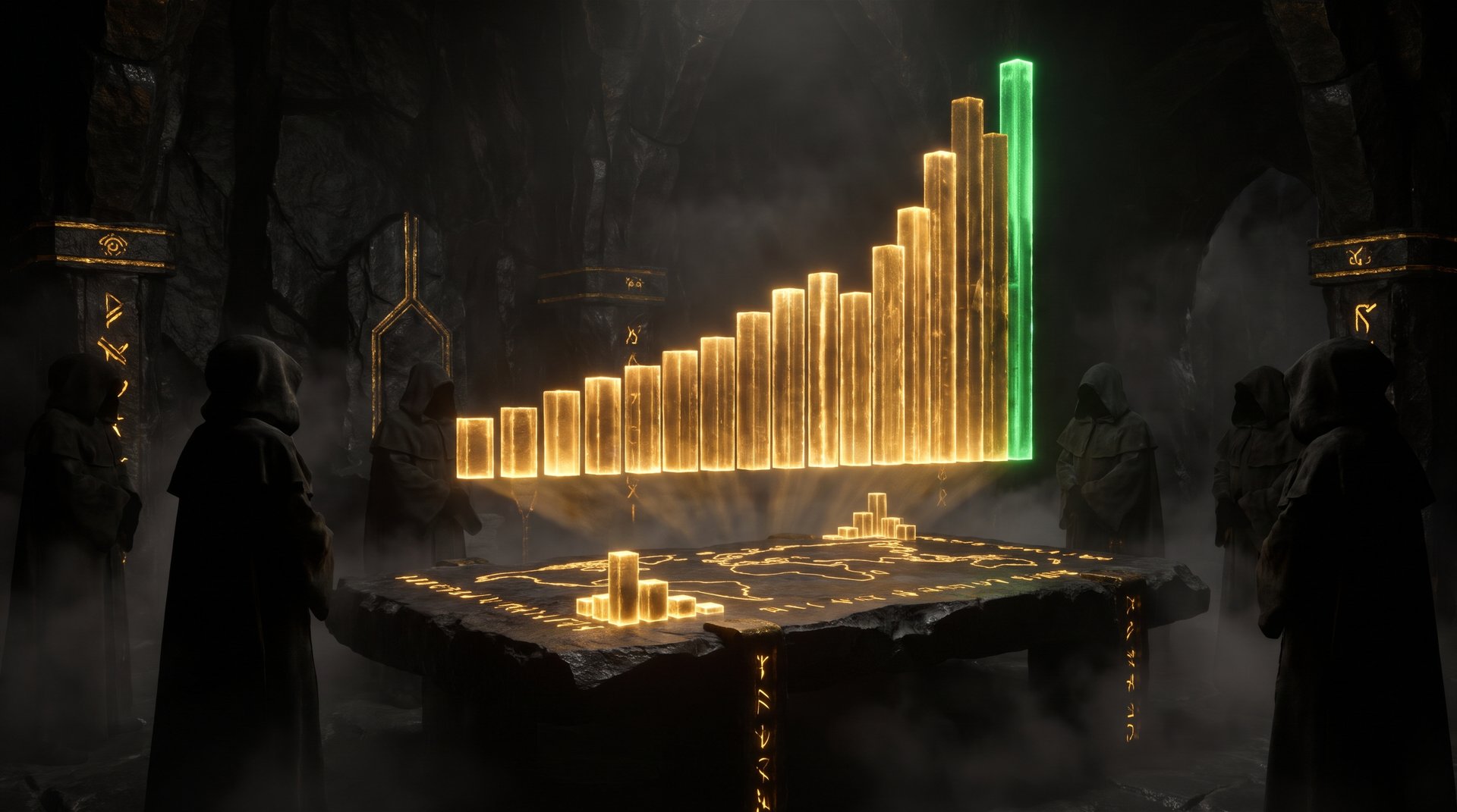 Gold holographic bar chart climbing steeply on a dark war-room table for Dota 2 player count