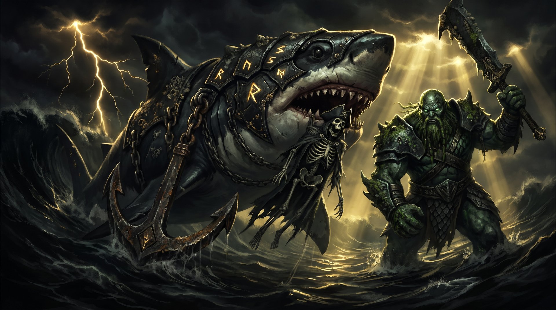Dota 2 Tidehunter Maw of the Megalodon Arcana style shark and sea giant in gold on black