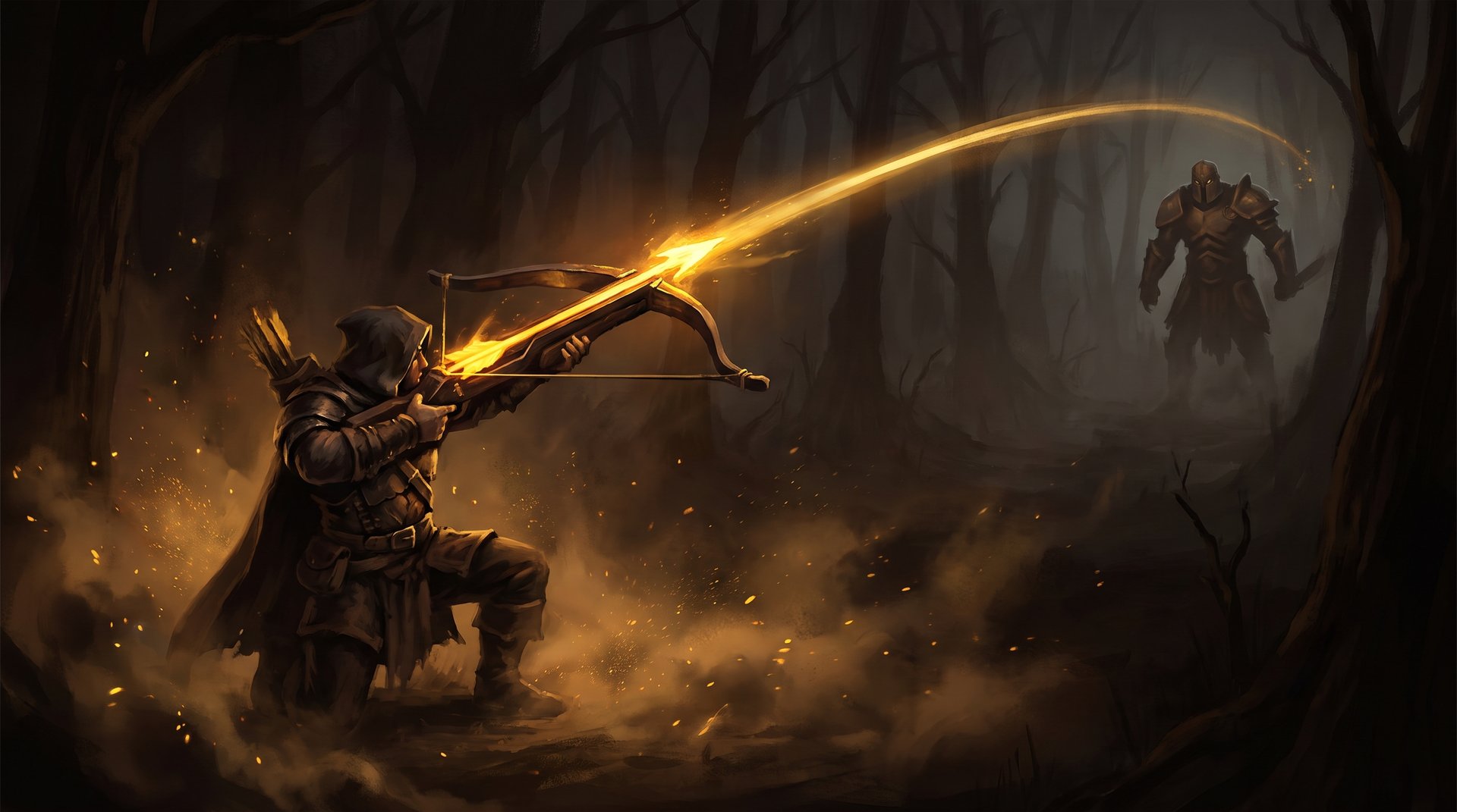 Hoodwink charging a golden Sharpshooter bolt in a dark forest in Dota 2