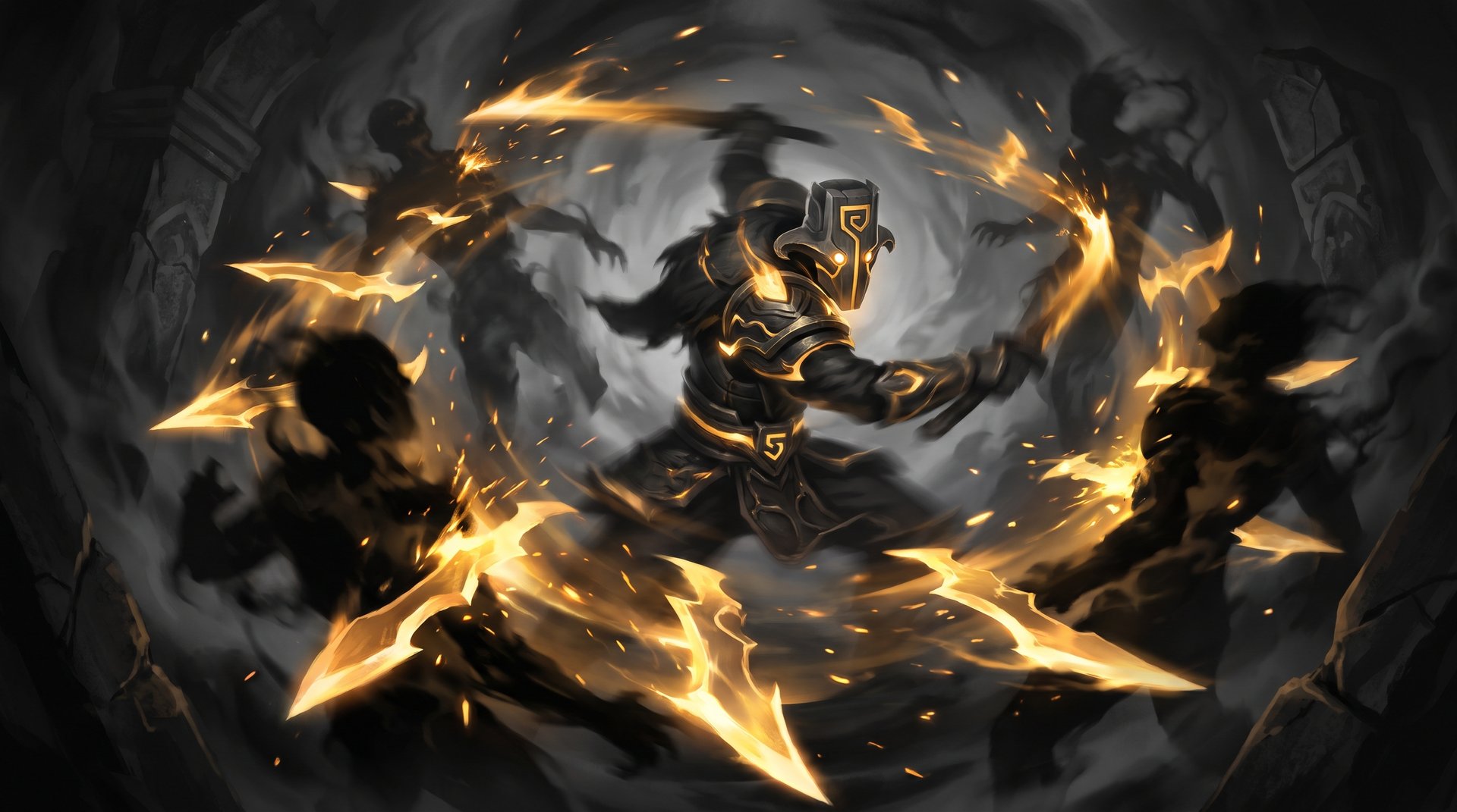 Juggernaut spinning in Blade Fury surrounded by golden blades in Dota 2