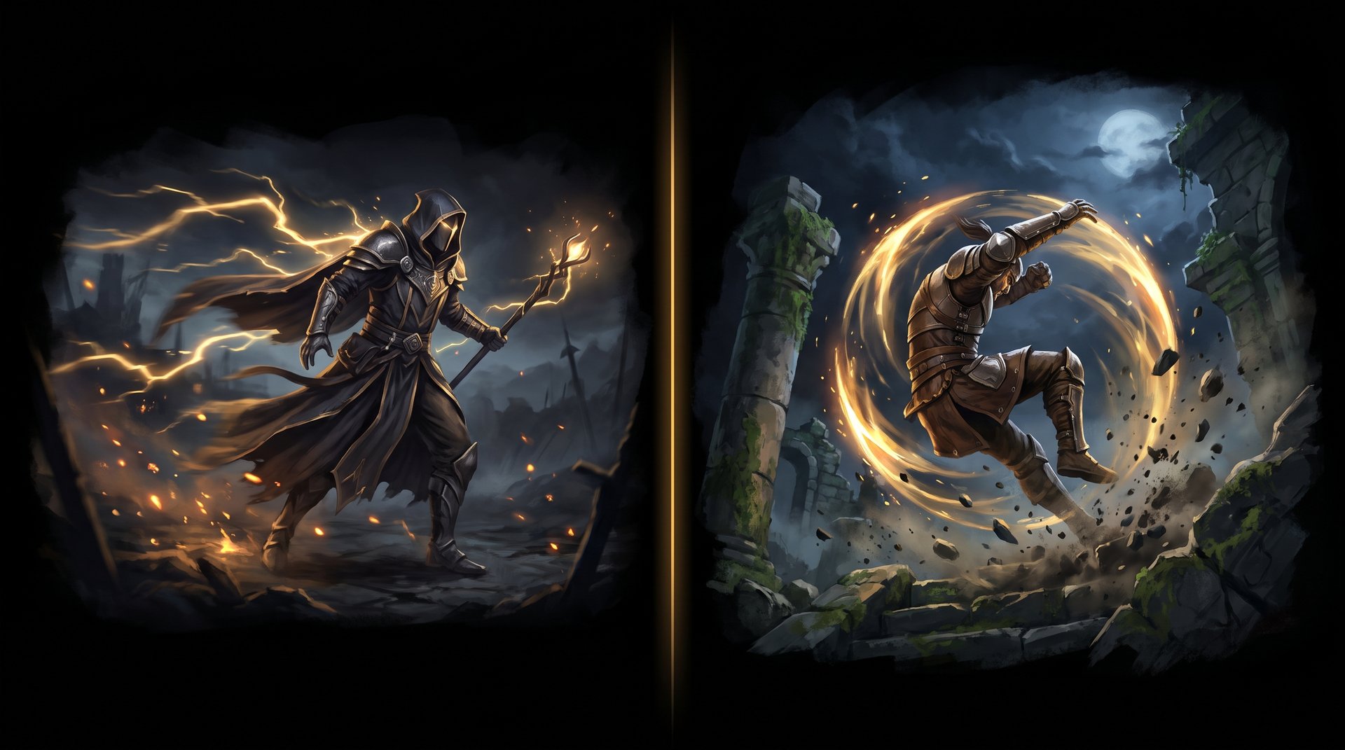 Blink mage and rolling warrior split art comparing Nisha and Malr1ne mid lane hero pools