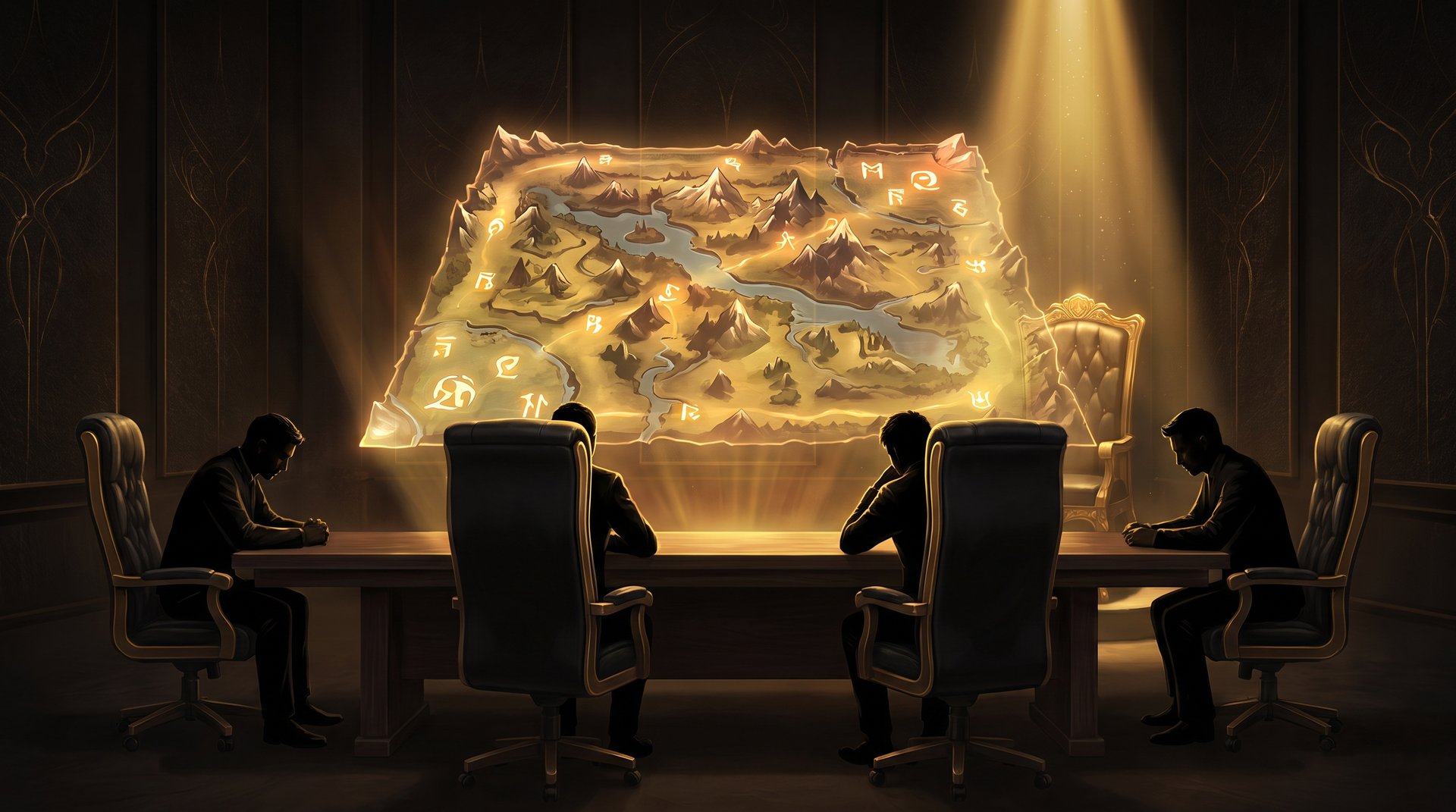 Dark war room with a golden battlefield map and one empty chair, Team Liquid mid lane rebuild