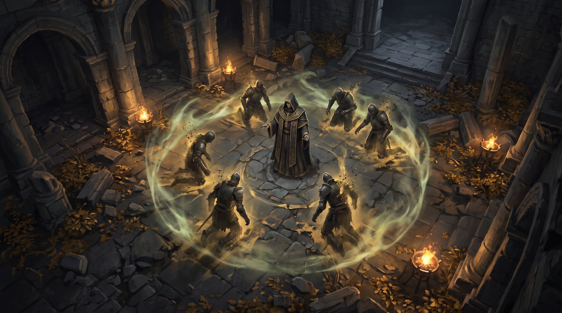Necrophos Heartstopper Aura withering enemy heroes in a ruined courtyard