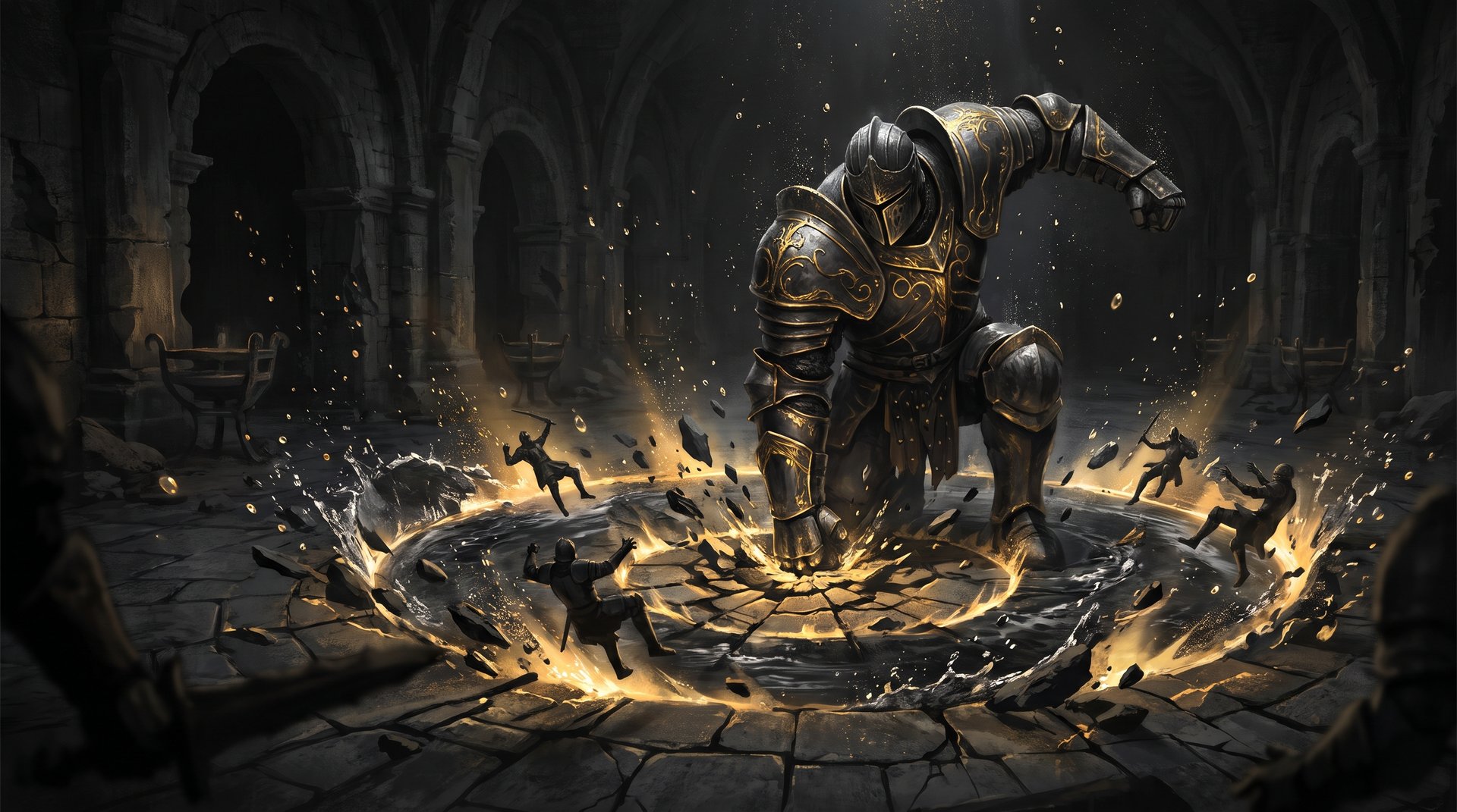 Slardar slamming the ground with Slithereen Crush, a shockwave of water and gold light
