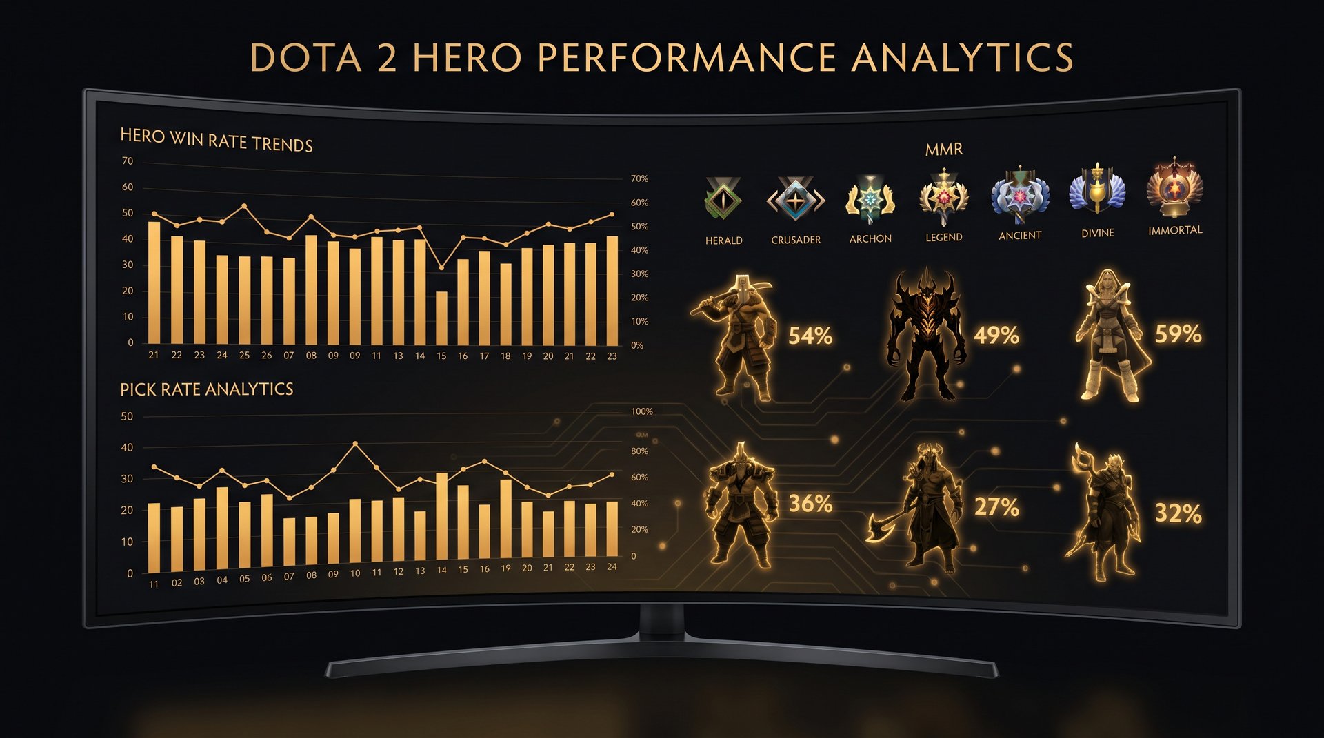 Dota 2 hero win rate and stats visualization showing performance data for climbing MMR
