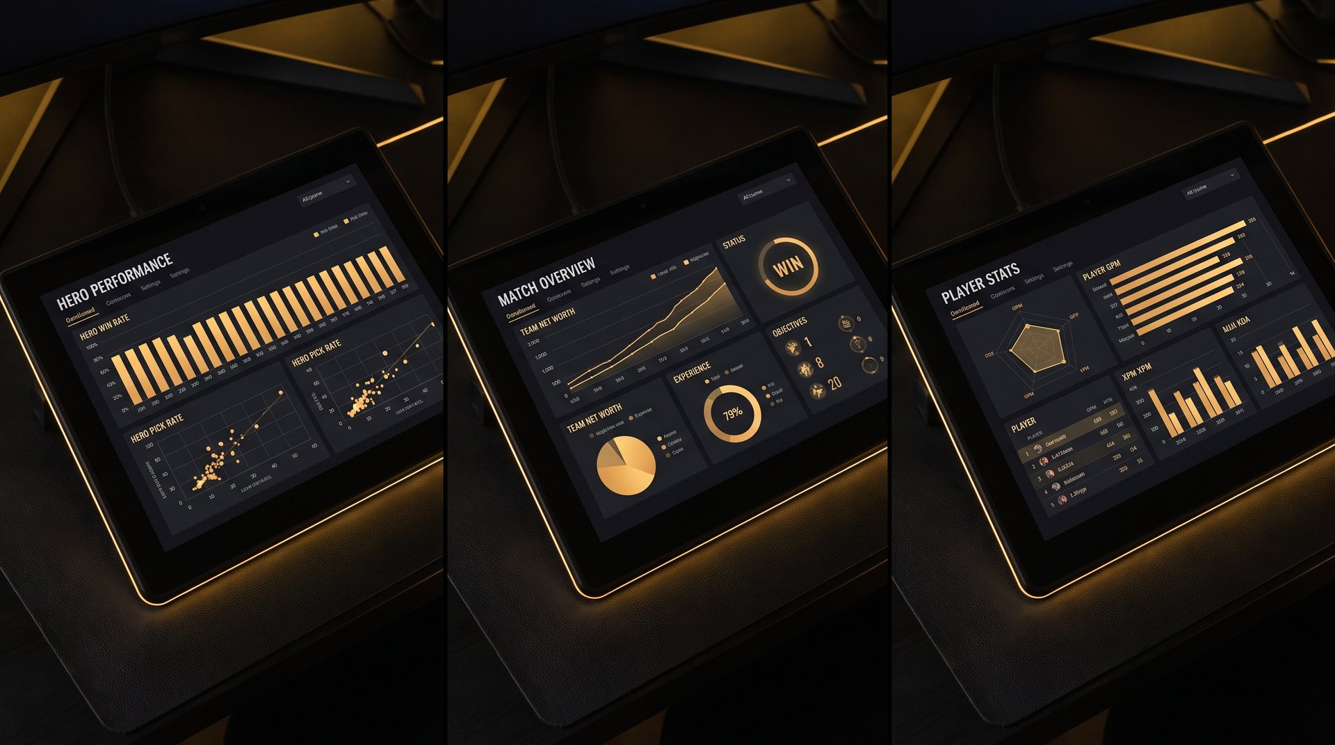 Dota 2 stats tracker comparison dashboard showing analytics panels for Dotabuff, Stratz, and D2PT