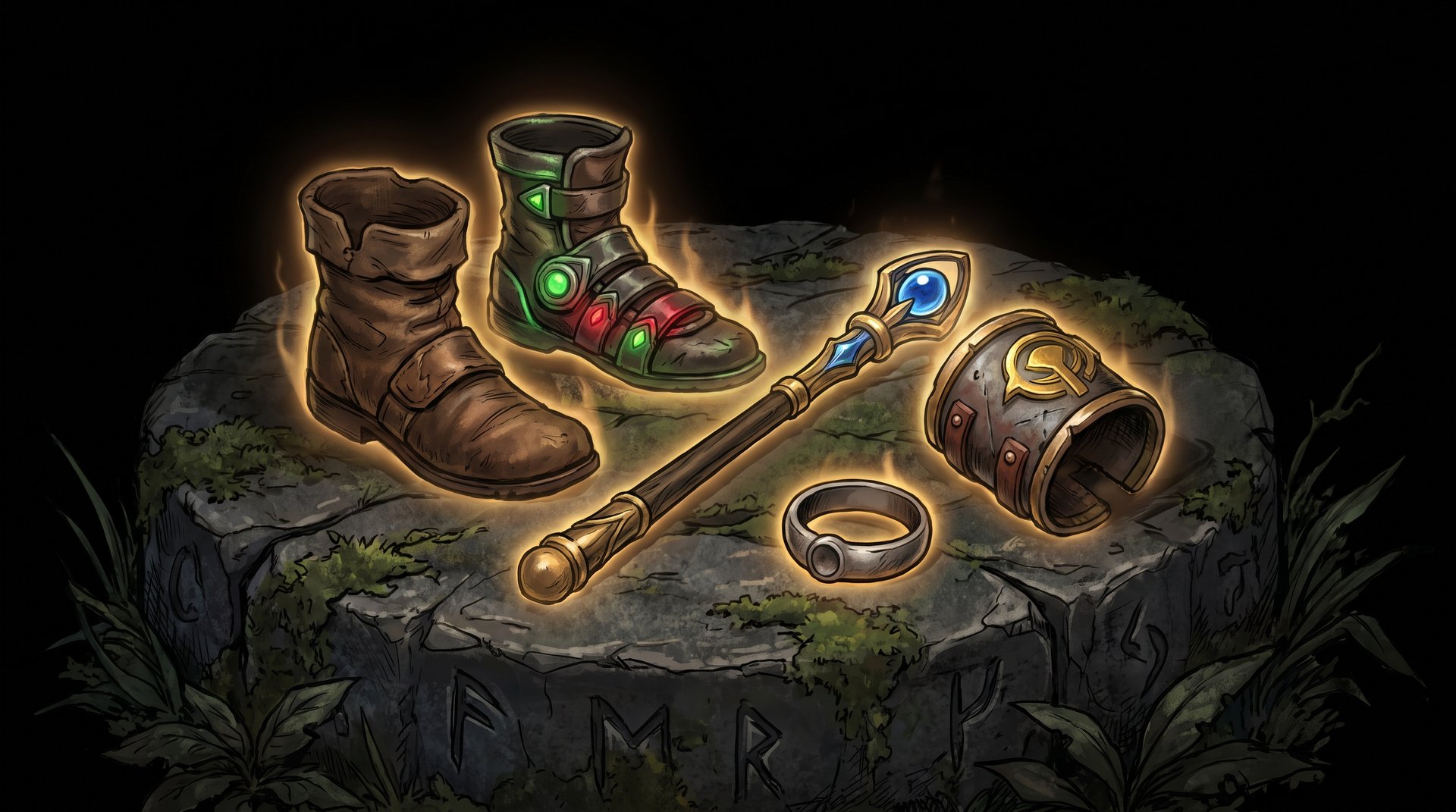 Dota 2 early game items including boots, bracer and magic wand on dark background